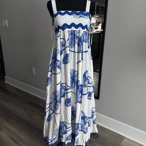 White midi Dress with Blue Floral Print